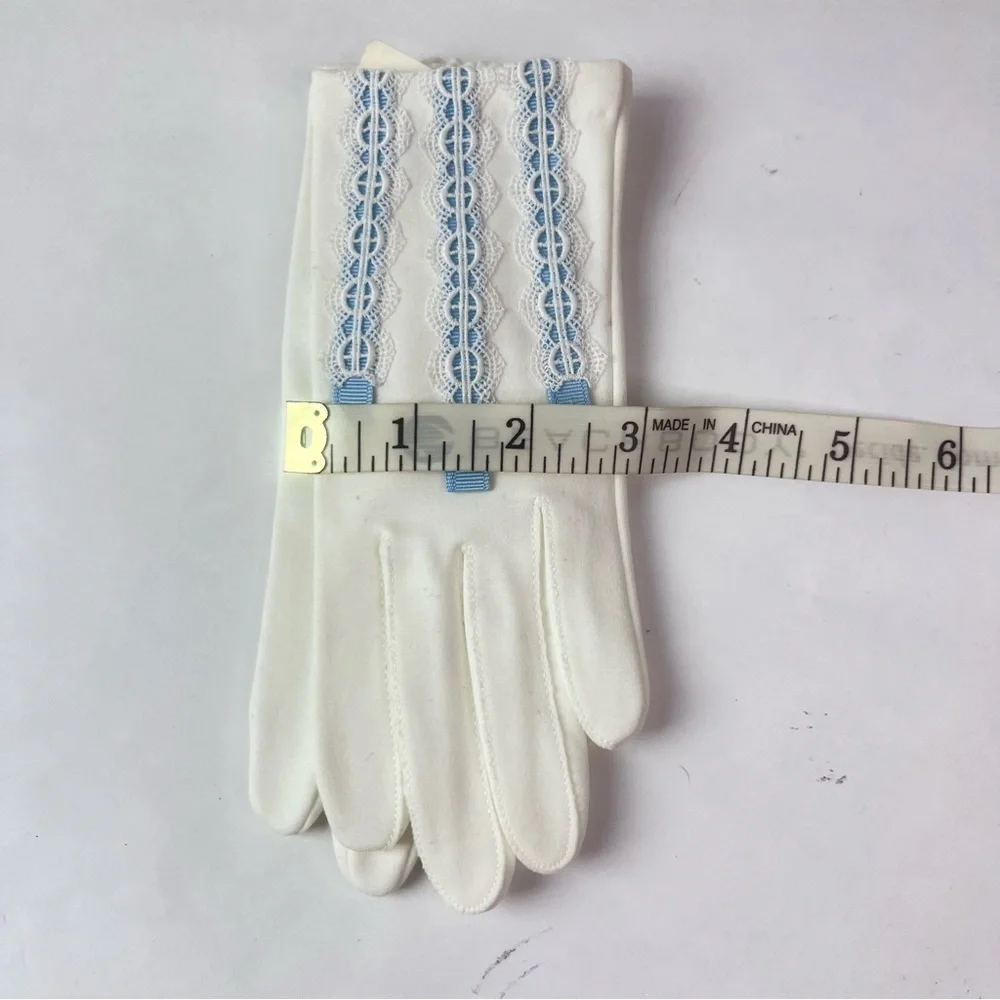Hansen Vintage Elegant 100% Cotton White Gloves with Blue Lace Trim Size 6 NWT